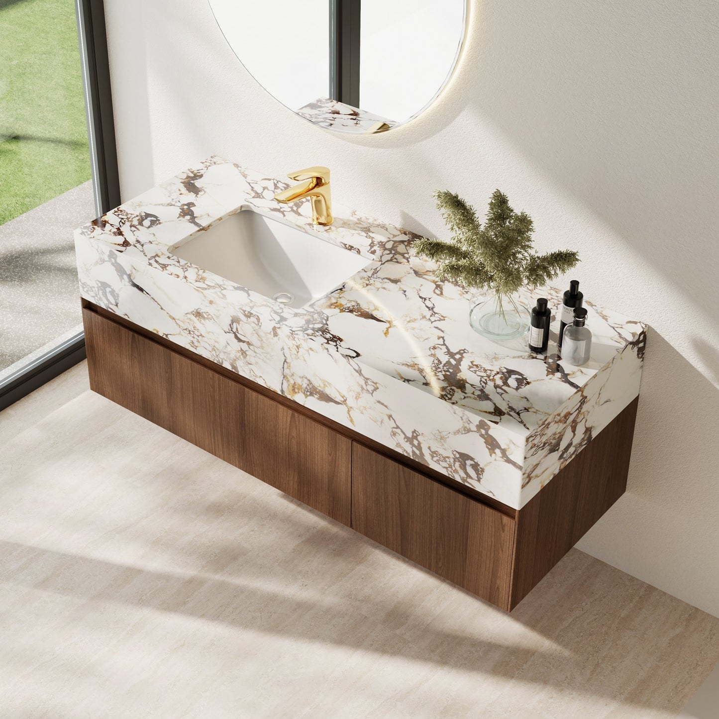Meubles-lavabos simples modernes de 48 po, avec dessus en faux marbre brillant, bois massif