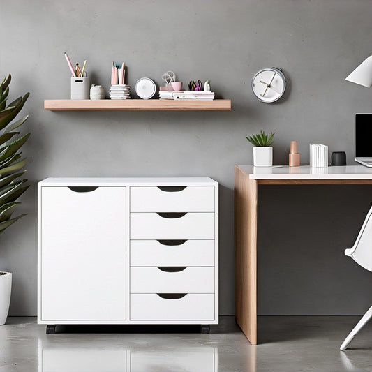 5-Drawer Wood Storage Dresser Cabinet with Wheels - Craft Organizer and Makeup Drawer Unit for Closet and Bedroom