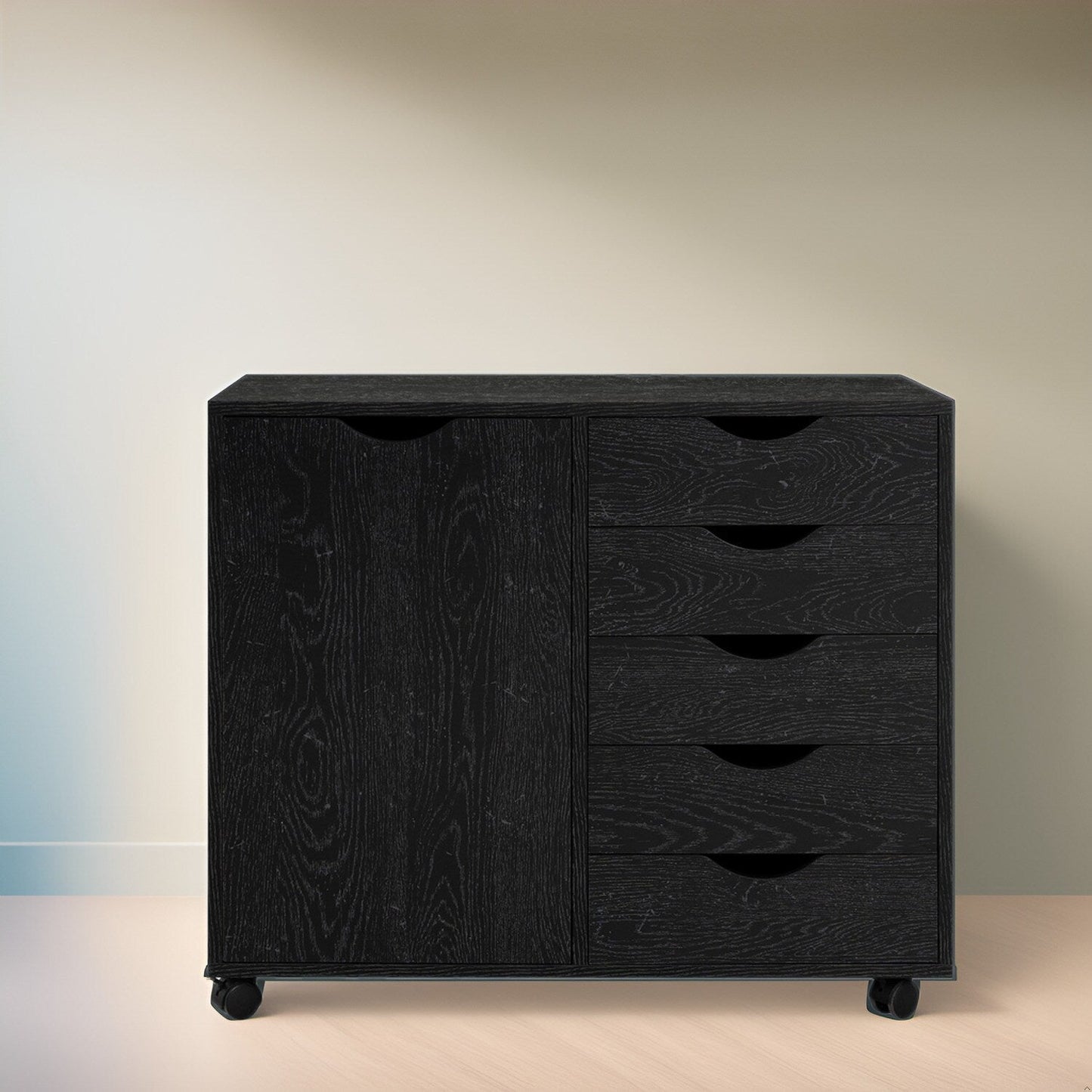 5-Drawer Wood Storage Dresser Cabinet with Wheels - Craft Organizer and Makeup Drawer Unit for Closet and Bedroom