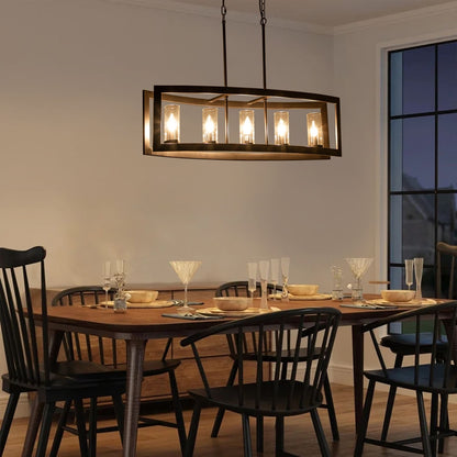 Lustre linéaire industriel moderne à 5 lumières pour salle à manger, style ferme, en verre transparent, idéal pour une cuisine ou un îlot