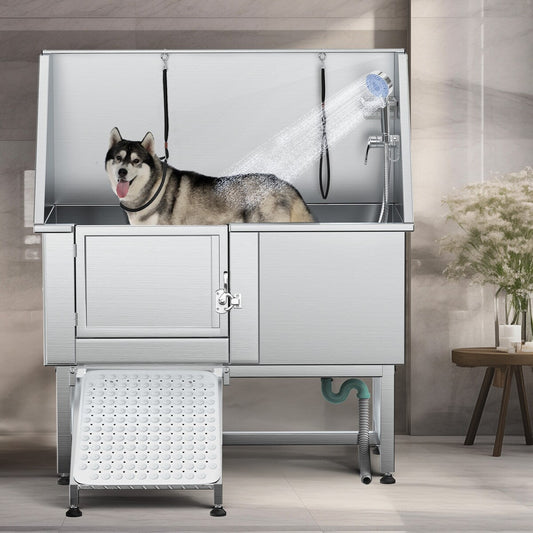 Baignoire de toilettage réglable en acier inoxydable de 50 po de largeur avec rampe et marches