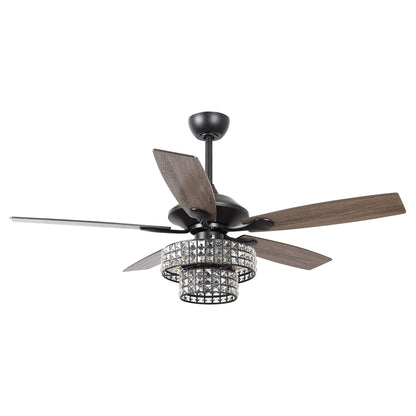 Ventilateur de plafond moderne en cristal et bois chromé de 52 pouces, 5 pales, avec télécommande
