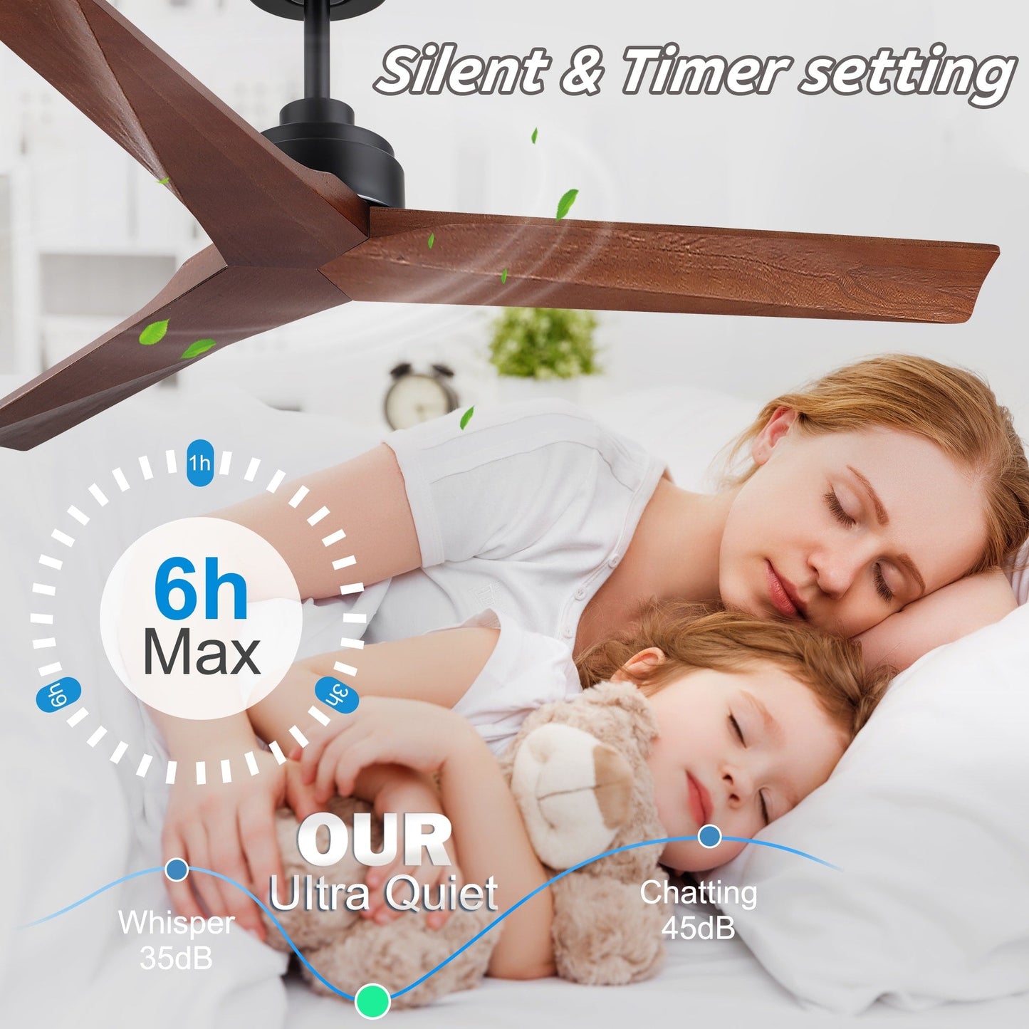 Ventilateur de plafond moderne en bois massif/ABS de 52 pouces avec télécommande (sans lumière), 6 vitesses de vent, flux d'air réversible