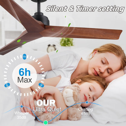 Ventilateur de plafond moderne en bois massif/ABS de 52 pouces avec télécommande (sans lumière), 6 vitesses de vent, flux d'air réversible