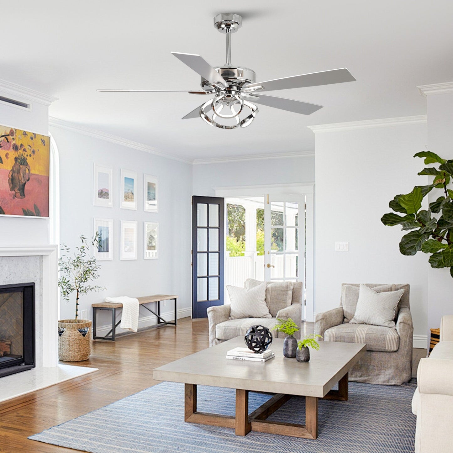 Ventilateur de plafond LED d'intérieur moderne chromé/noir à intensité variable avec lumière et télécommande