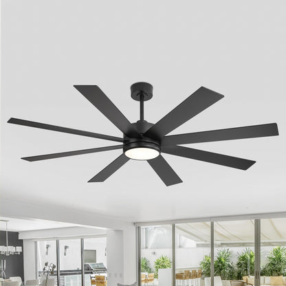 Ventilateur de plafond LED noir à 8 pales de 65 pouces avec éclairage et télécommande