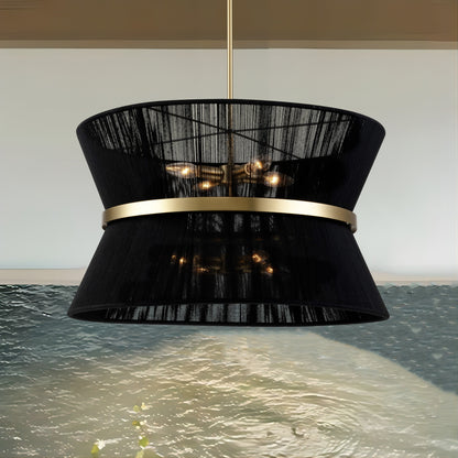 Lustre tambour bohème moderne à 8 lumières, grand format, 61 cm, en tissu tissé à la main, couleur or/noir, pour salle à manger/salon