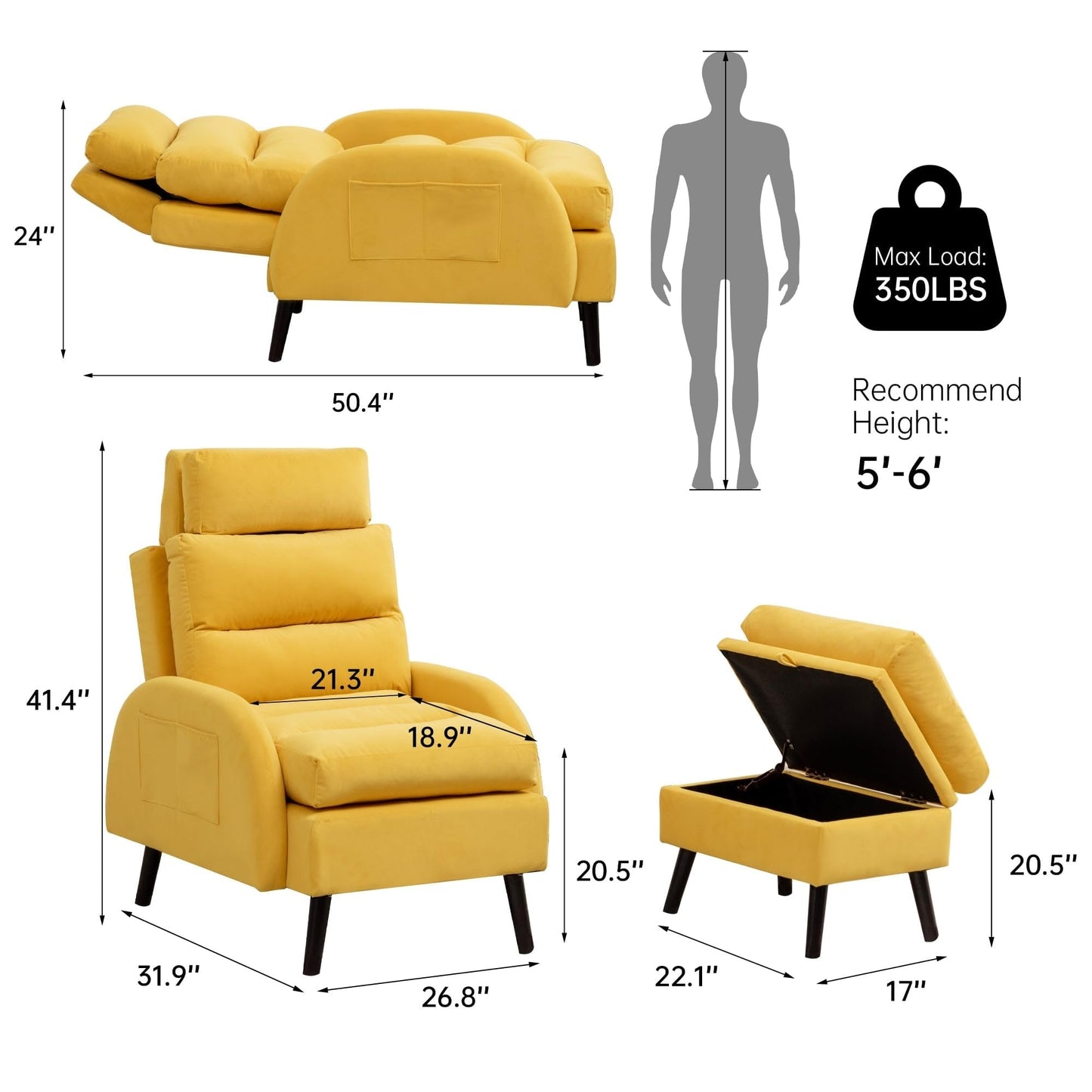 Fauteuil d'appoint HOMYKA avec dossier réglable et pouf de rangement