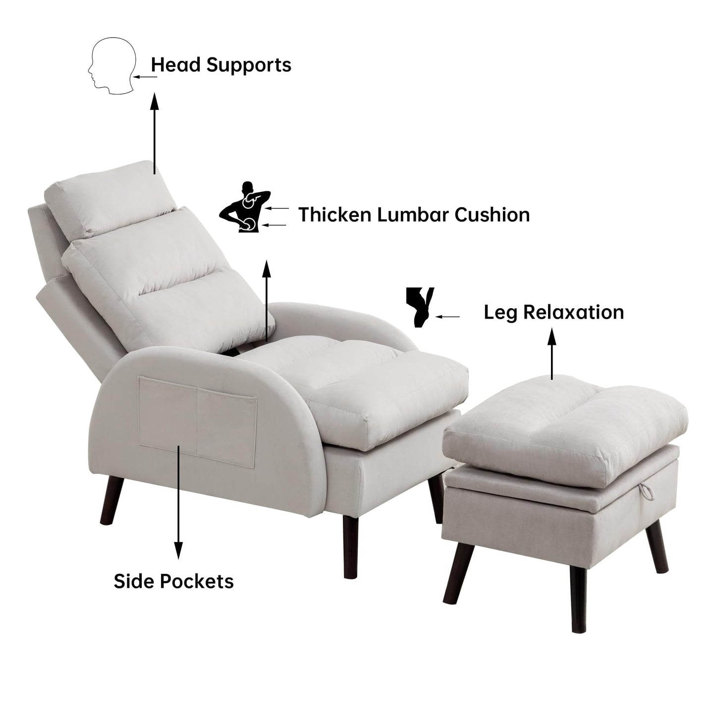 Fauteuil d'appoint HOMYKA avec dossier réglable et pouf de rangement