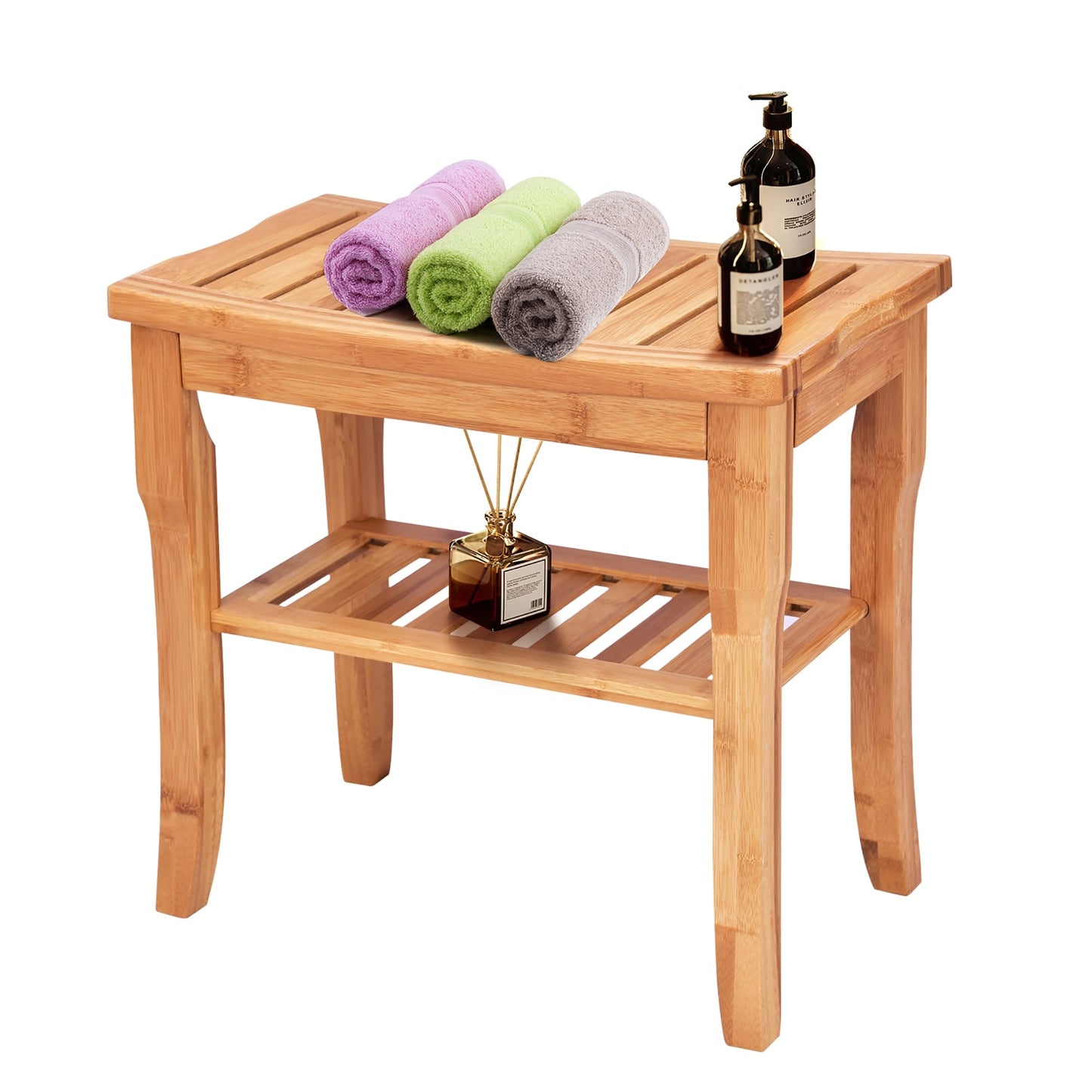 Bamboo Shower Bench Seat Bathroom Spa Chair Seat with Storage Shelf - Natural