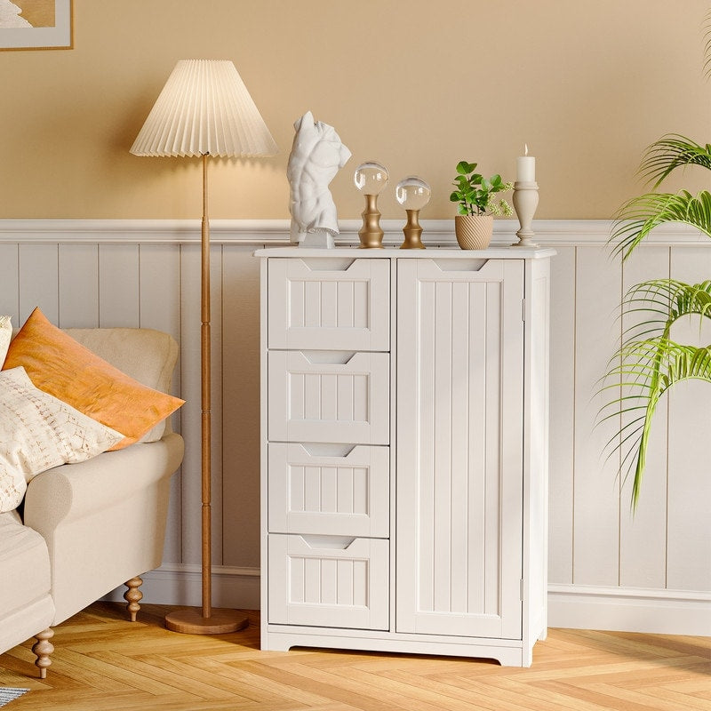 Meuble de rangement de salle de bain, meuble de rangement de sol autonome avec 4 tiroirs et étagère réglable