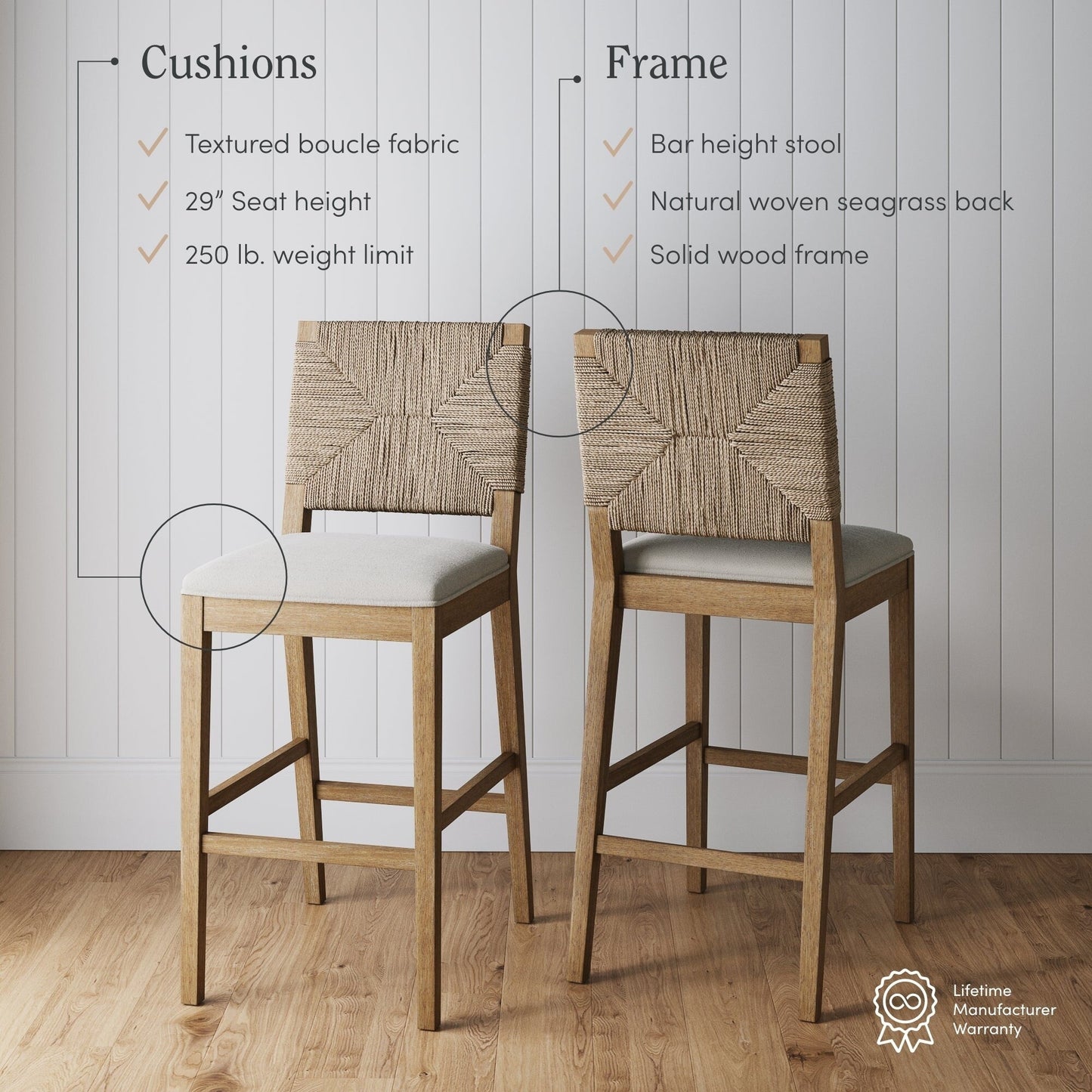 Tabouret de bar Beacon Bohemian Boucle, chaise de comptoir rembourrée avec cadre en bois massif et dossier en jonc de mer tressé