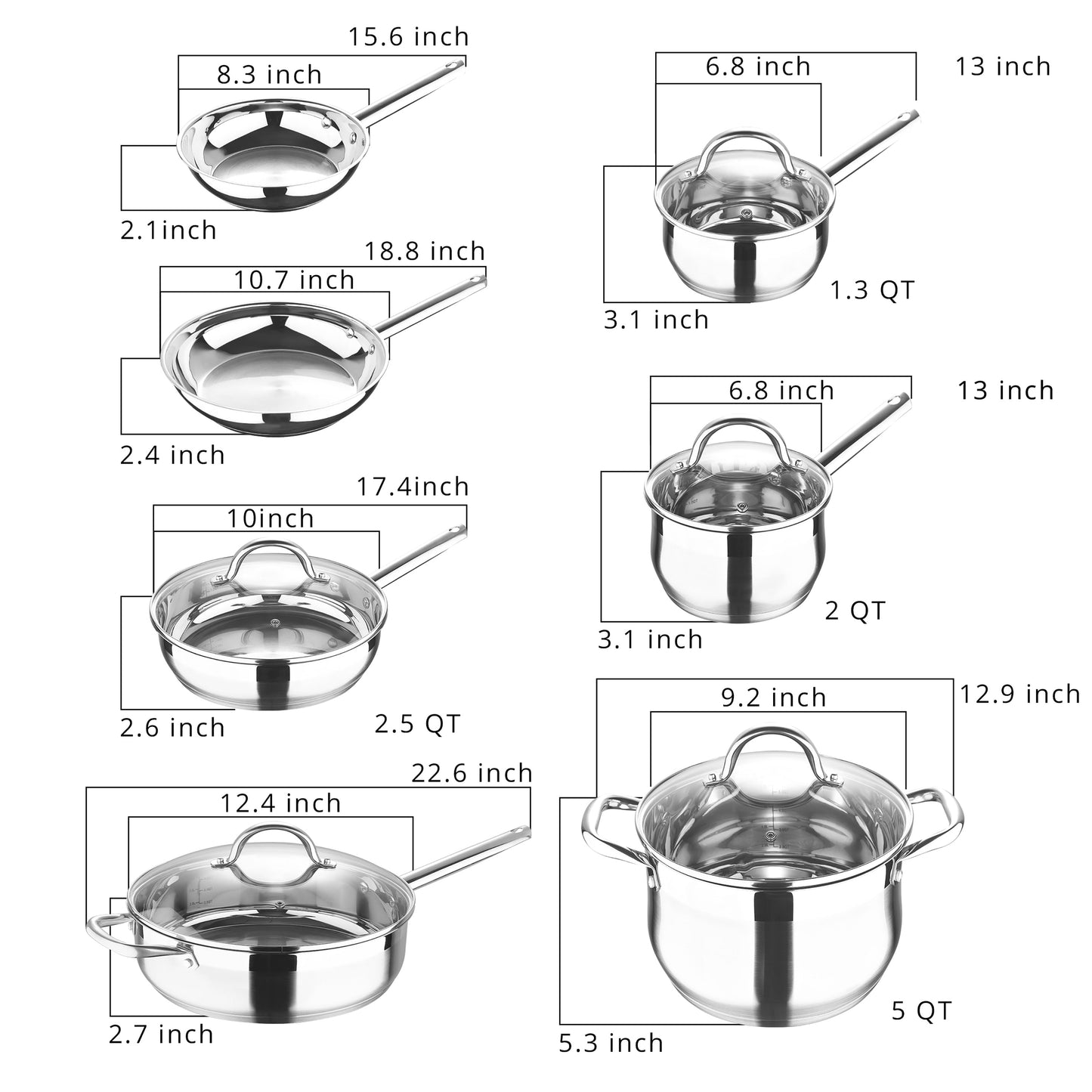 Ensemble de 12 casseroles Bergner en acier inoxydable, compatible lave-vaisselle et induction
