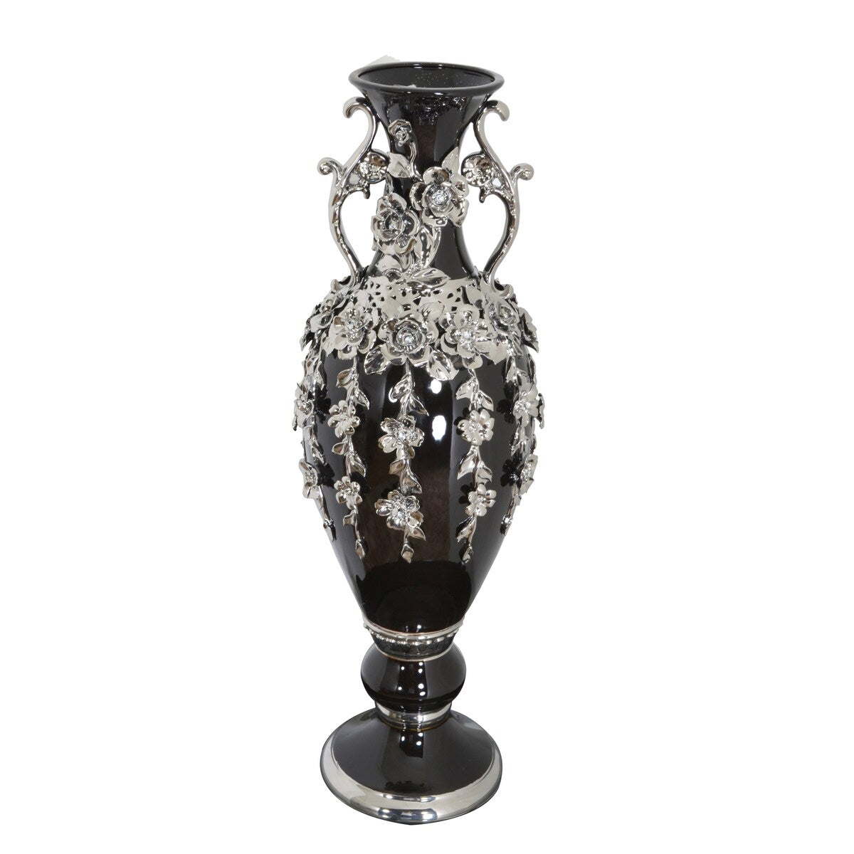 Superbe vase orné de bijoux en forme de fleuron noir et argent de 35 pouces de hauteur