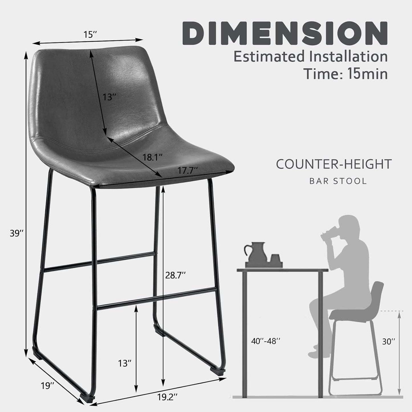 Bossin 18/26/30 inch Bar Stools,Counter Height Bar Stools with Back Modern PU Leather Stools Dining Chair with Footrest