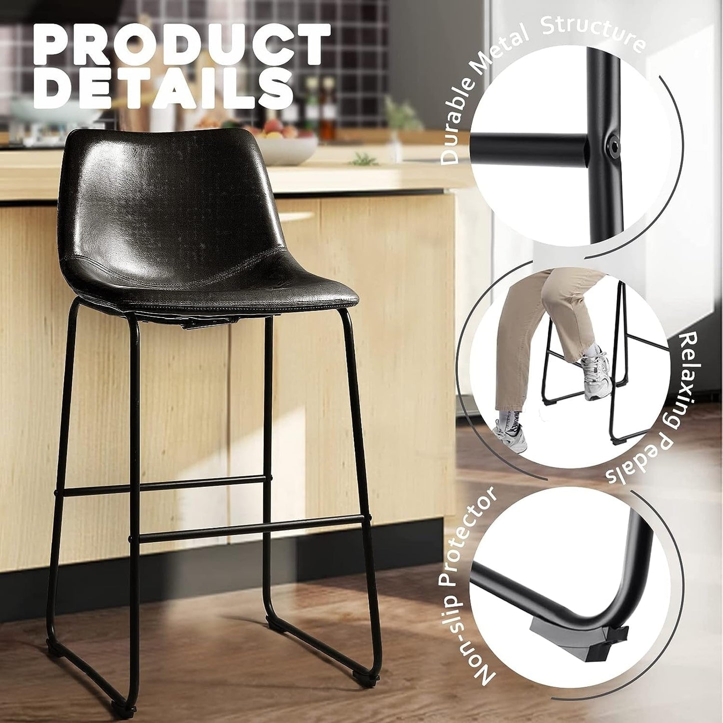 Bossin 18/26/30 inch Bar Stools,Counter Height Bar Stools with Back Modern PU Leather Stools Dining Chair with Footrest