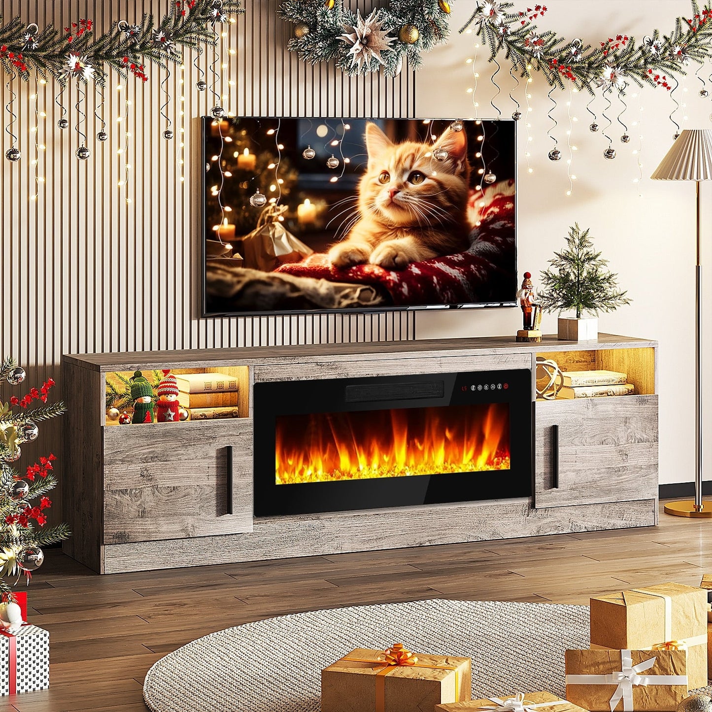 Meuble TV Bossin 70 avec cheminée électrique de 36 pouces, meuble TV pour téléviseurs jusqu'à 80 pouces, éclairage LED 16 couleurs/centre de divertissement