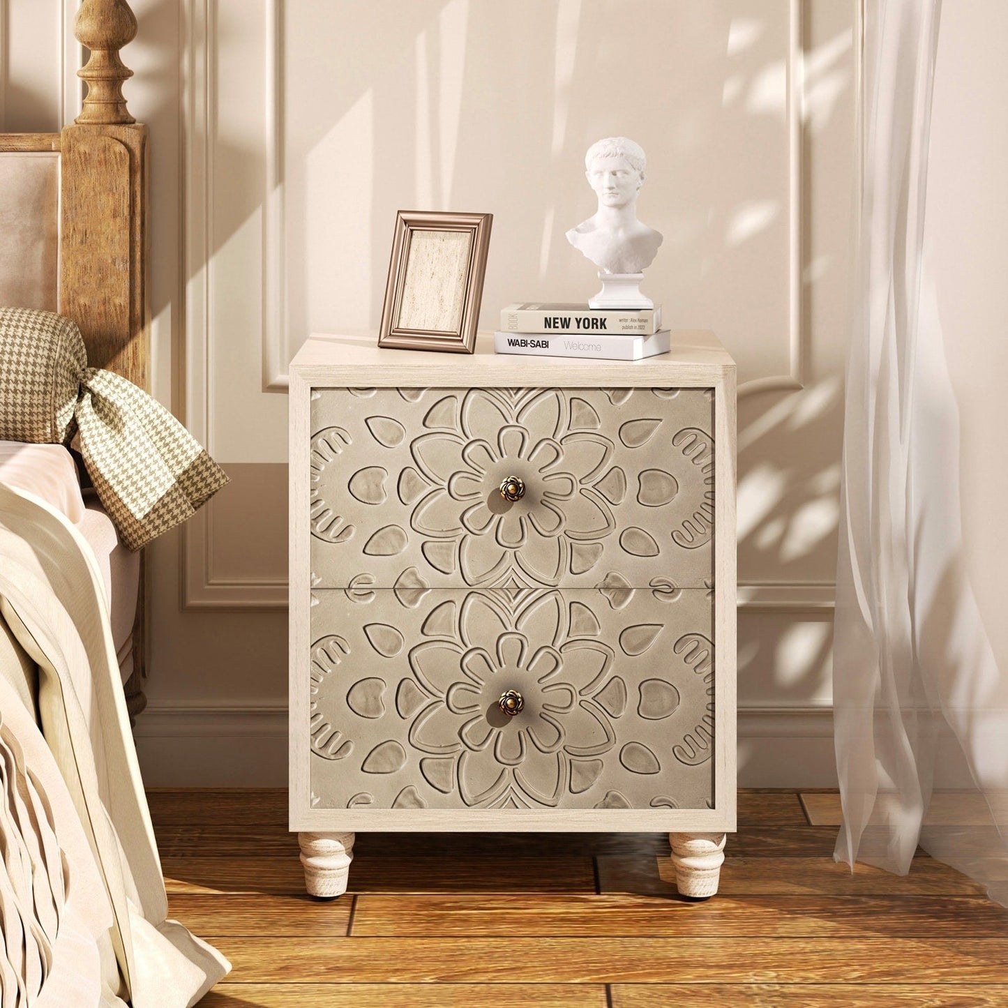 COSIEST Vintage Brown Pattern Solid Wood Nightstand with Drawers