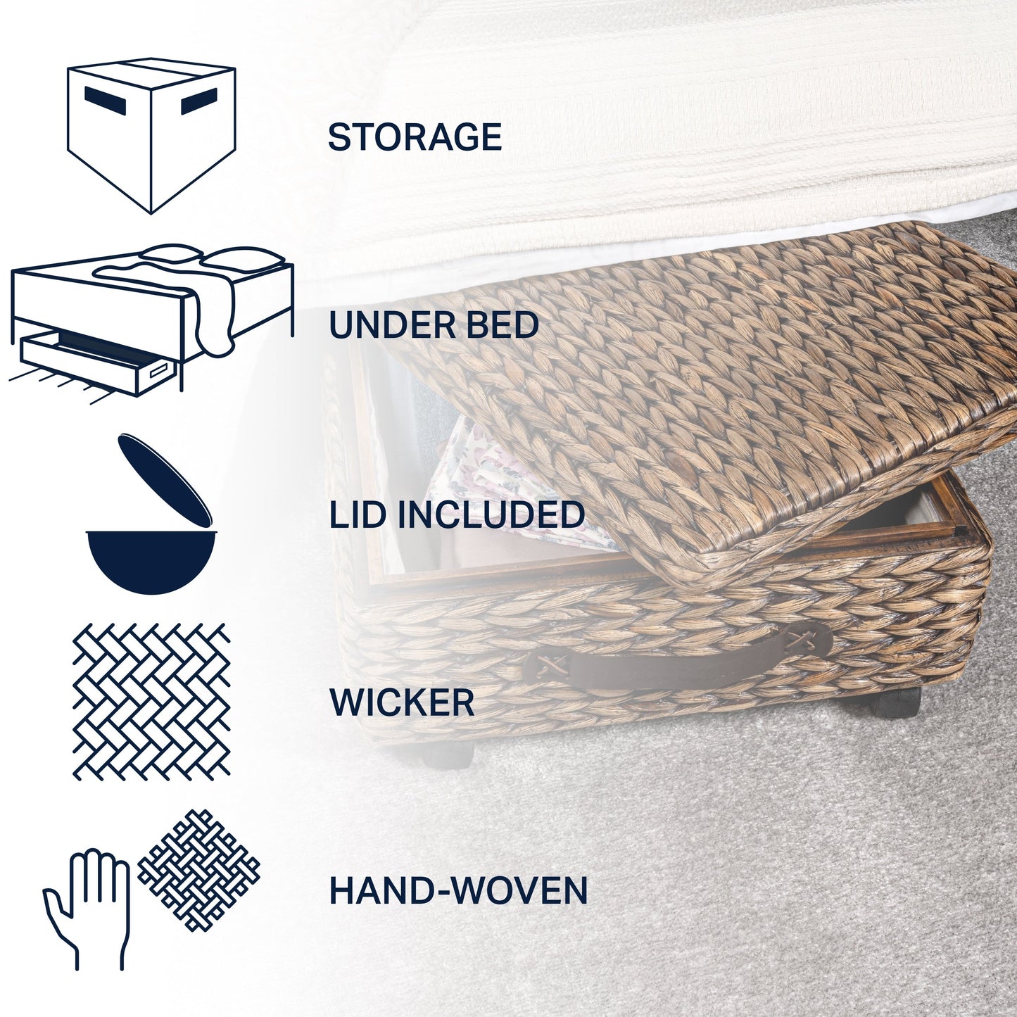 Happimess Bac de rangement sous le lit en jacinthe/bois avec roulettes et poignées