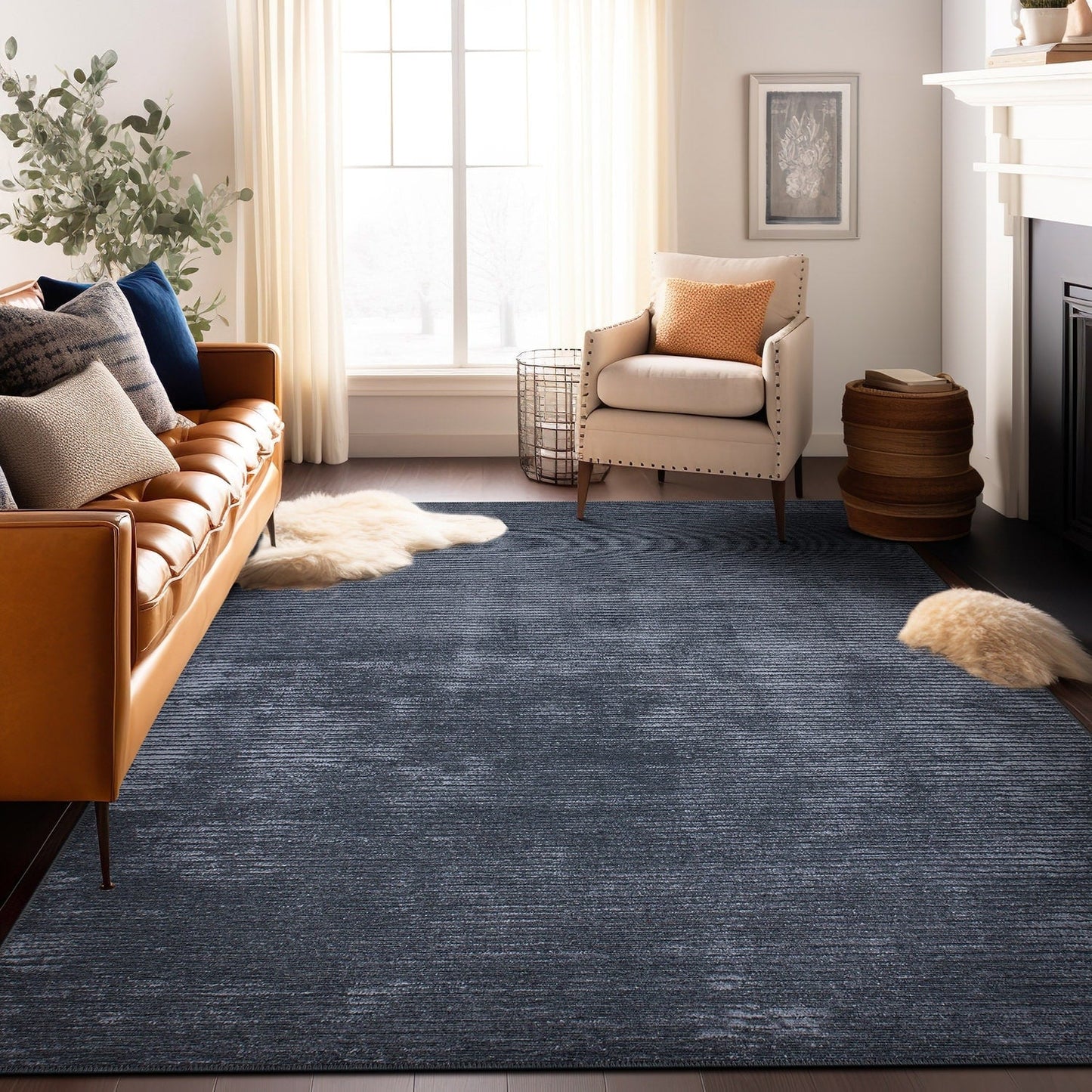 Contemporary Distressed Stripe Machine Washable Area Rug