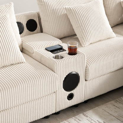 Canapé sectionnel en velours côtelé avec haut-parleurs Bluetooth, chargeur USB, porte-gobelets, rangement, pouf, assise profonde et large