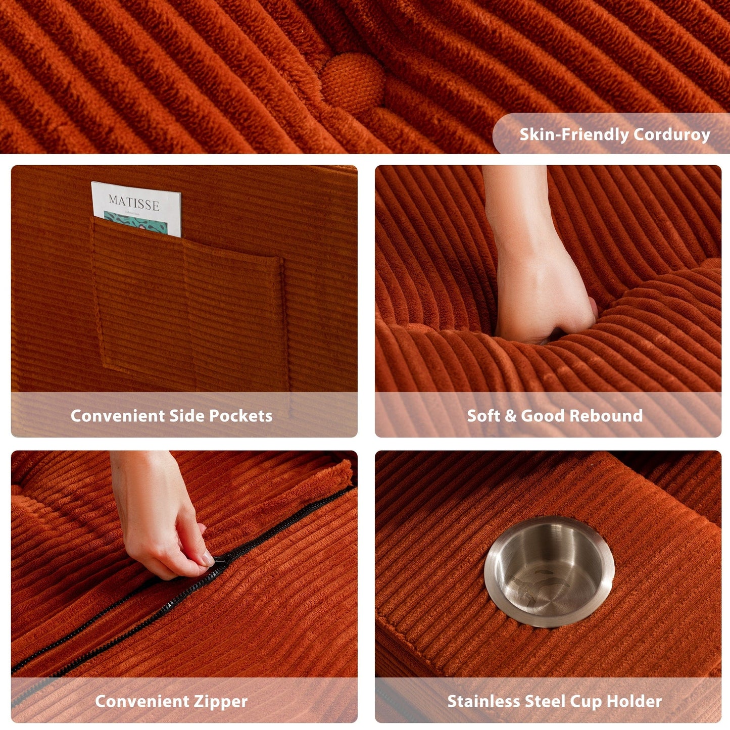 Canapé pouf rembourré en velours côtelé et mousse à mémoire de forme avec pouf - 48,4 L x 67,7 l x 24,4 H