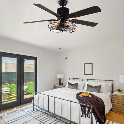 Ventilateur de plafond industriel CurveCurio Farmhouse noir à 5 lumières avec éclairage, télécommande et chaîne de traction 42-48-52 pouces