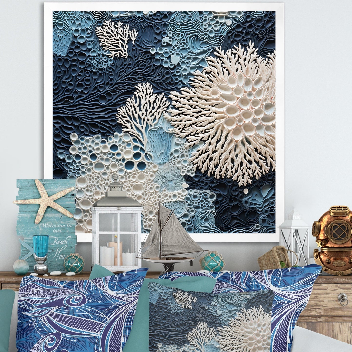 Designart Under Water Blue And White Corals Collage Coastal Framed Canvas Wall Art