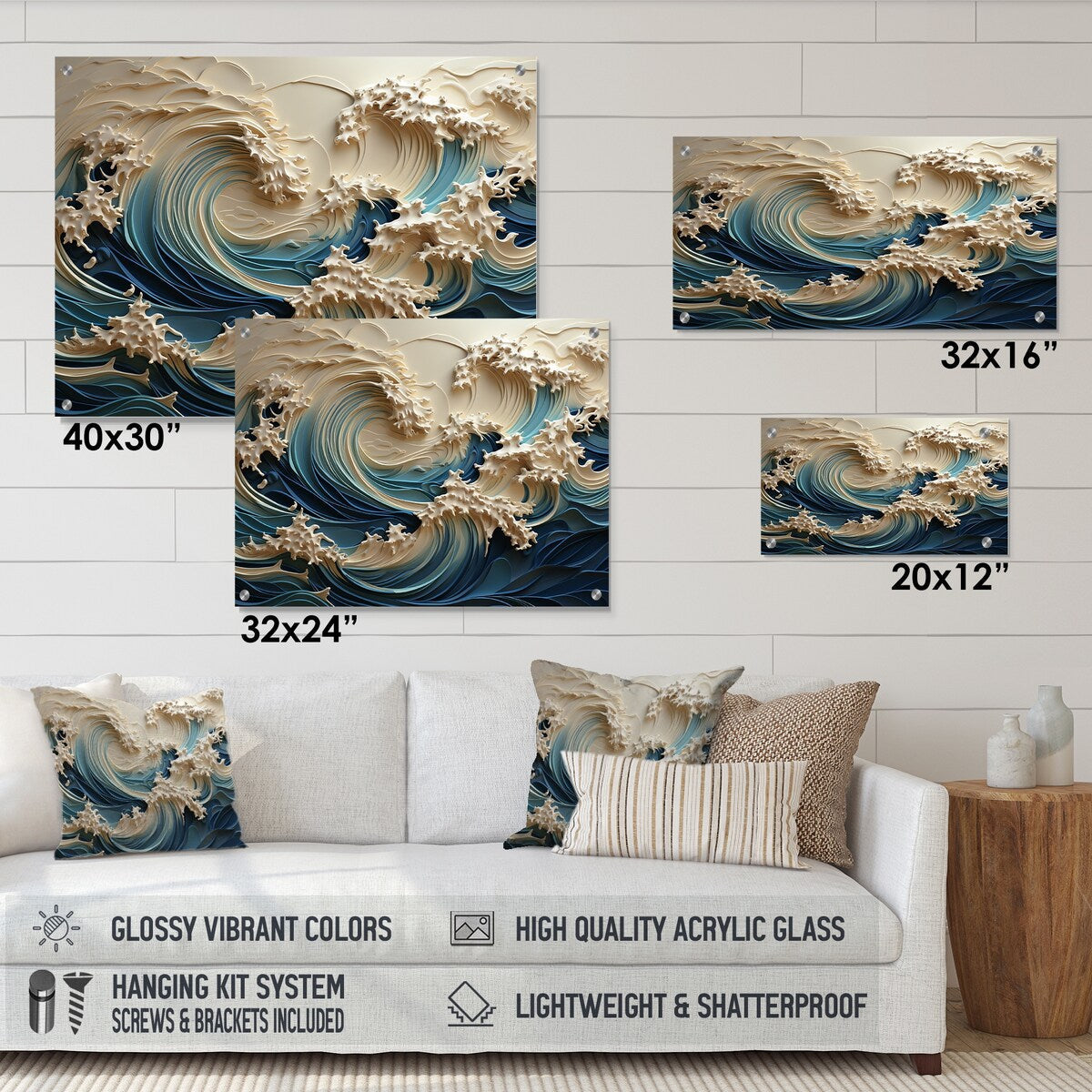 Designart White And Blue Wave Papercut Style III Coastal Waves Gloss Wall Decor - Coastal Acrylic Wall Art For Bedroom
