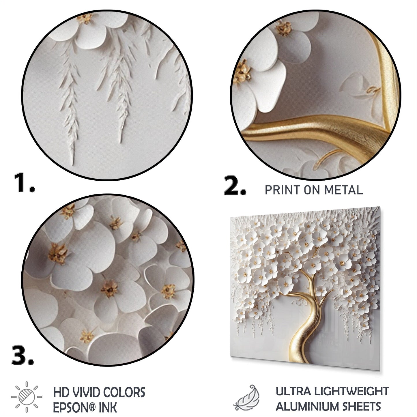 Designart White Orchid Tree Garden Of Branches VIII Tree Floral Metal Round Wall Art Print On Metal