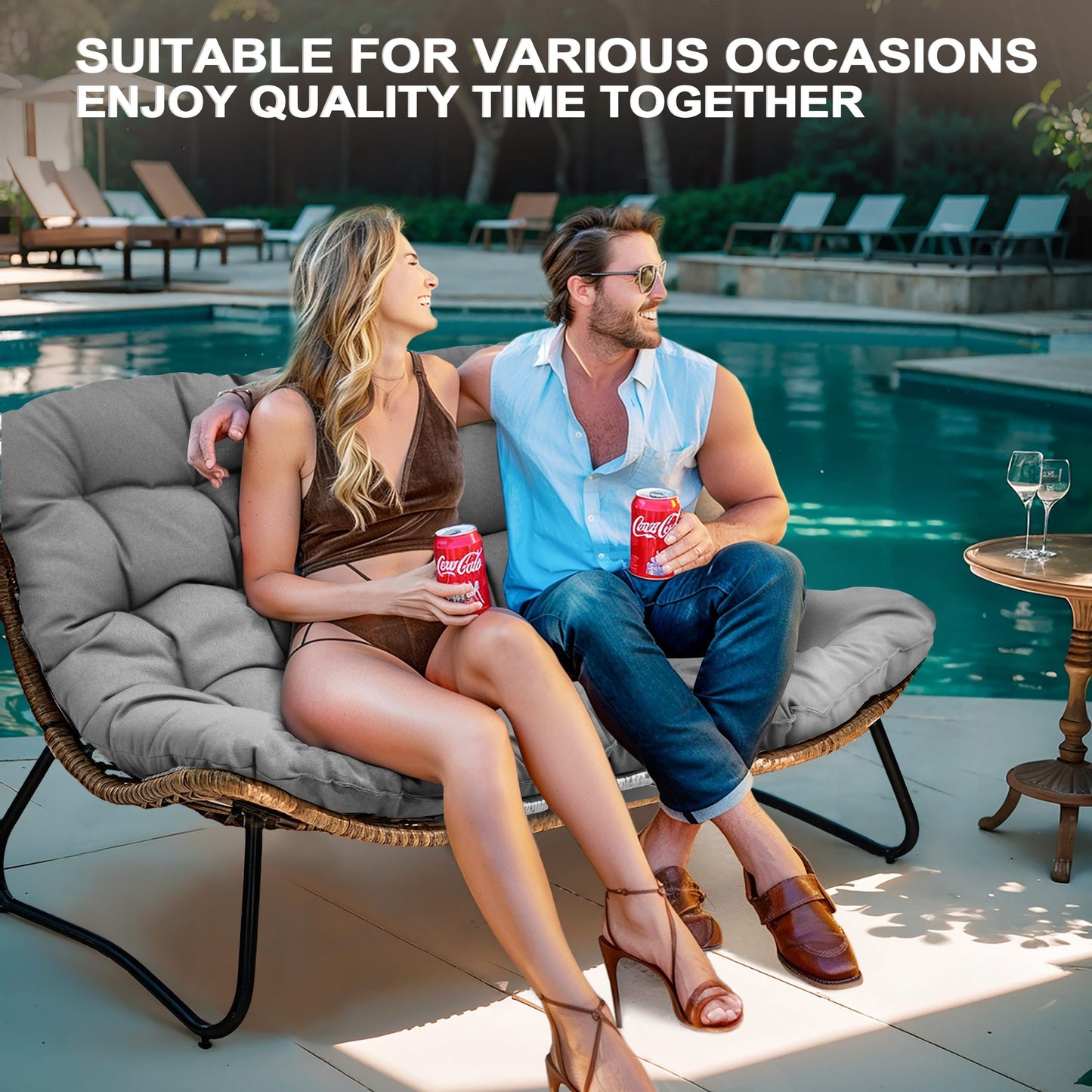 Fauteuil Papasan double avec coussin, rotin PE toutes saisons et cadre en métal pour intérieur et extérieur