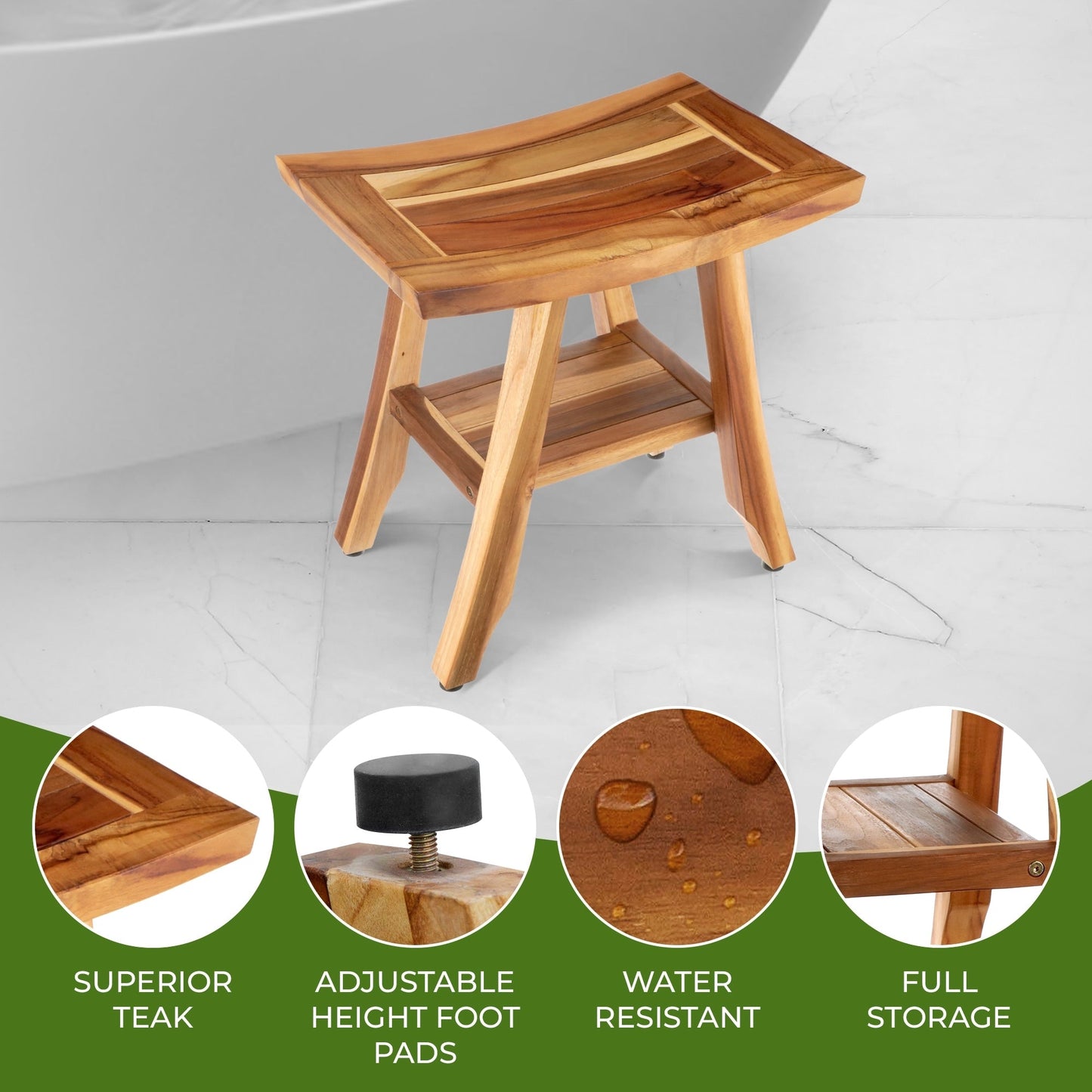 EcoDecors, Banc, Tabouret de douche, Siège de douche, Chaise de douche pour douche intérieure, Petit banc, Banc de douche en teck, Repose-pieds de douche