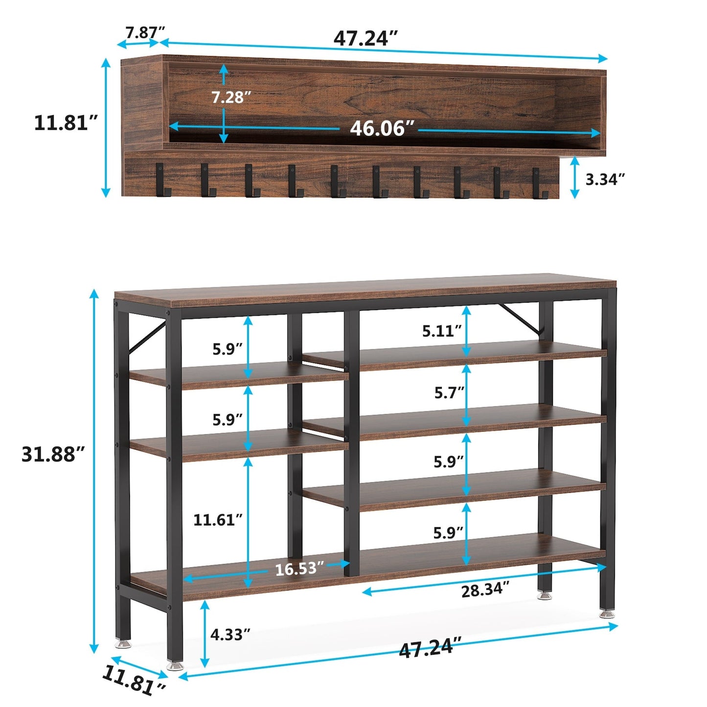 Ensemble de porte-manteaux et de bancs à chaussures pour entrée, porte-manteaux et porte-chaussures de style industriel
