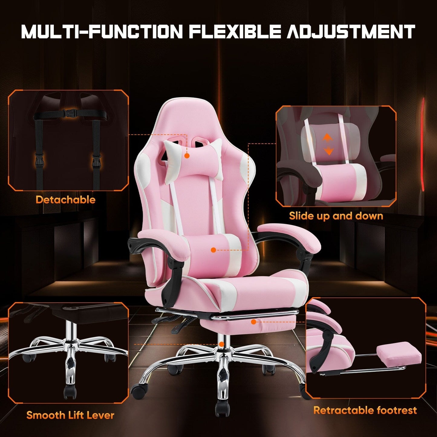 Fauteuil de jeu ergonomique pivotant à 360° en cuir PU avec repose-pieds, appui-tête, support lombaire et hauteur réglable