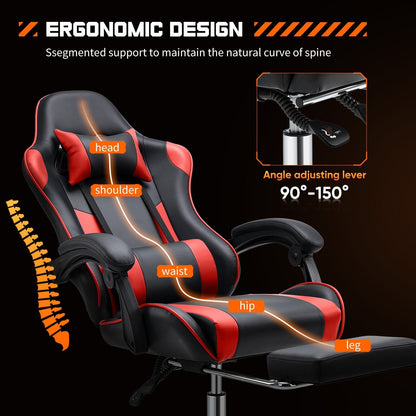 Fauteuil de jeu ergonomique pivotant à 360° en cuir PU avec repose-pieds, appui-tête, support lombaire et hauteur réglable
