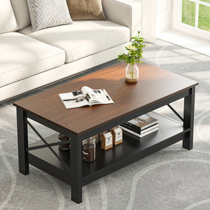 Farmhouse Coffee Table with Storage 2-Tier Center Table for Living Room