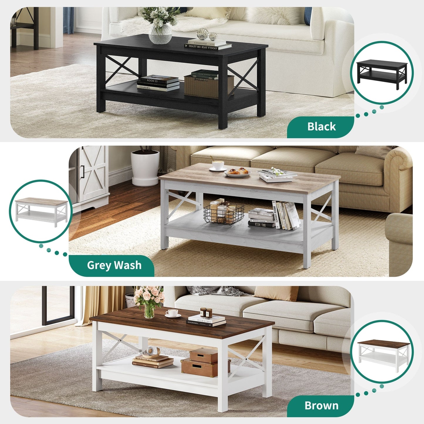 Farmhouse Coffee Table with Storage 2-Tier Center Table for Living Room