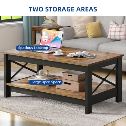 Farmhouse Coffee Table with Storage 2-Tier Center Table for Living Room