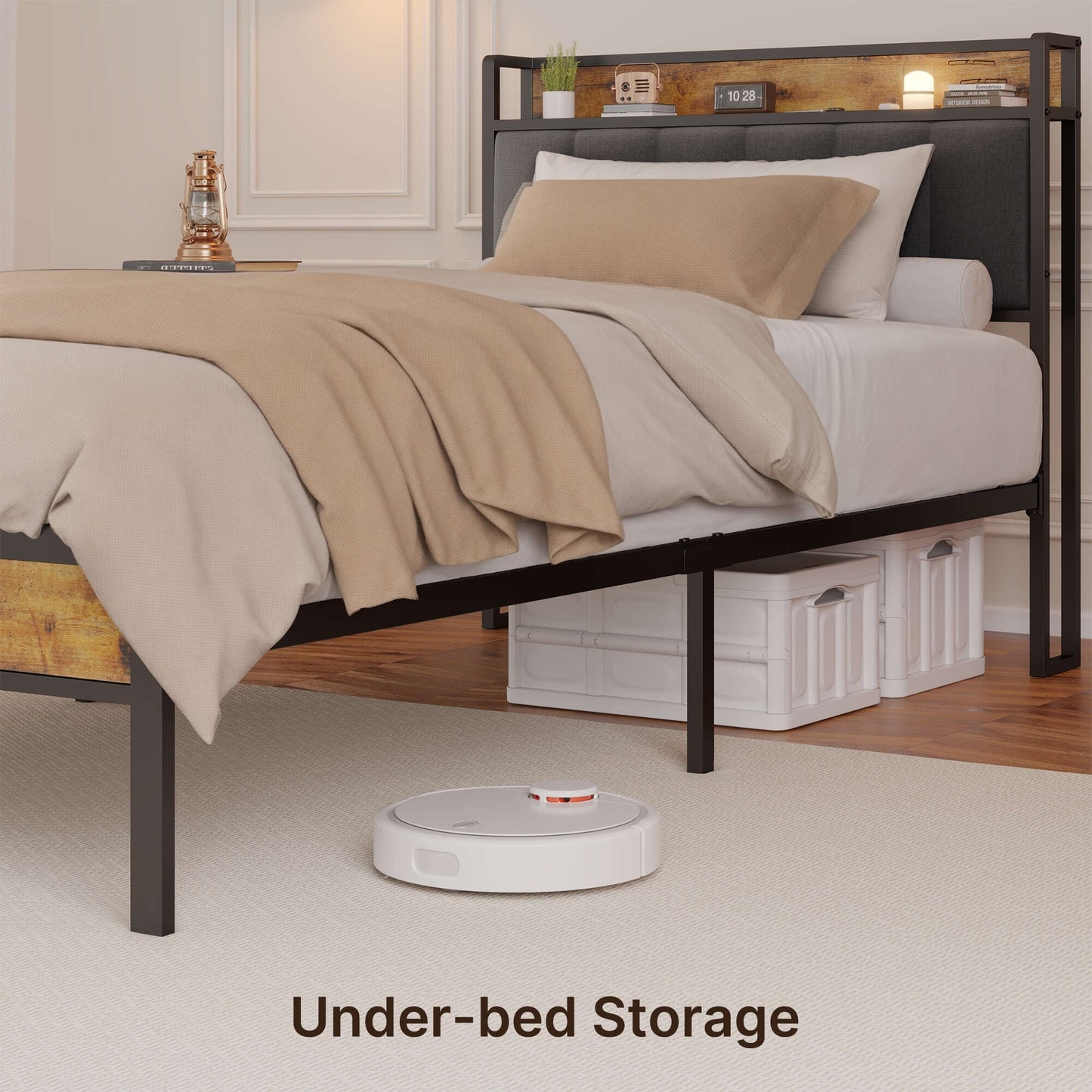 Cadre de lit plateforme en métal pour lit simple, double, queen ou king size avec tête de lit rembourrée et rangement