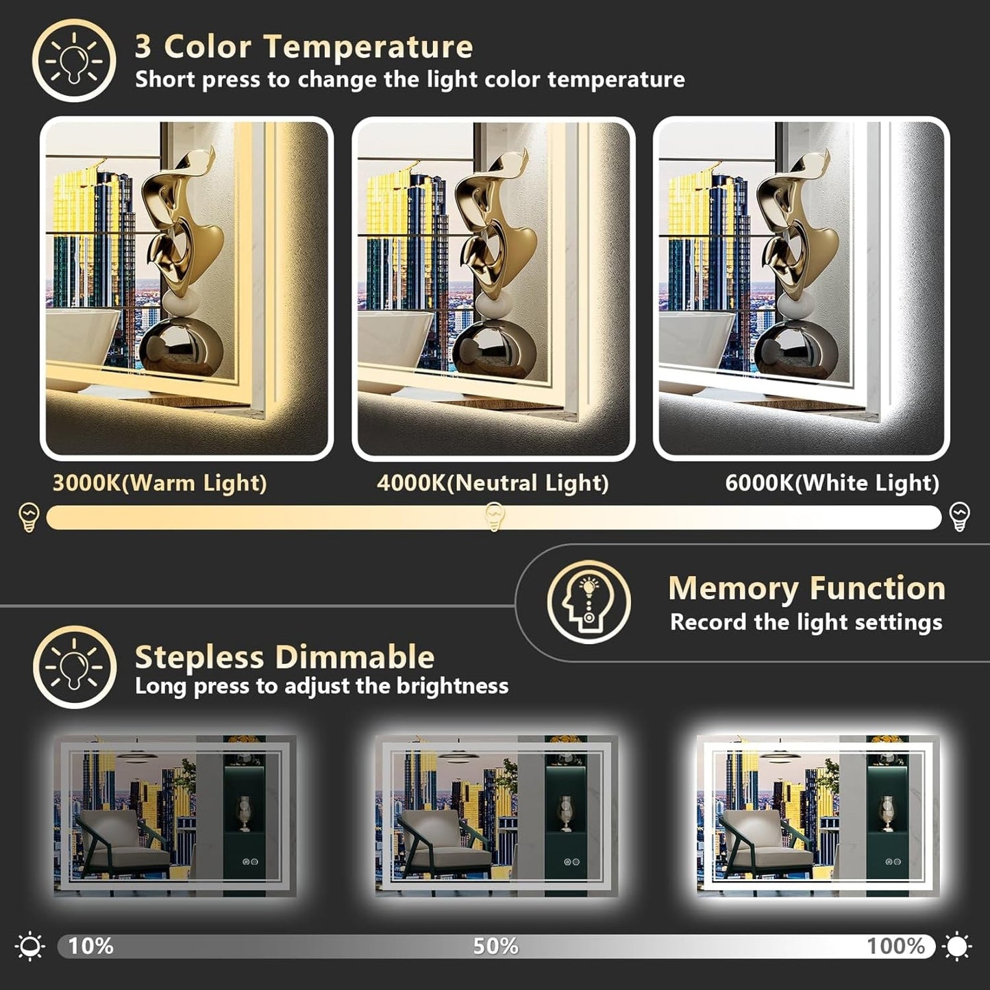 Full Size Front & Back LED Lighted Anti-fog Tempered Glass Wall Bathroom Vanity Mirror