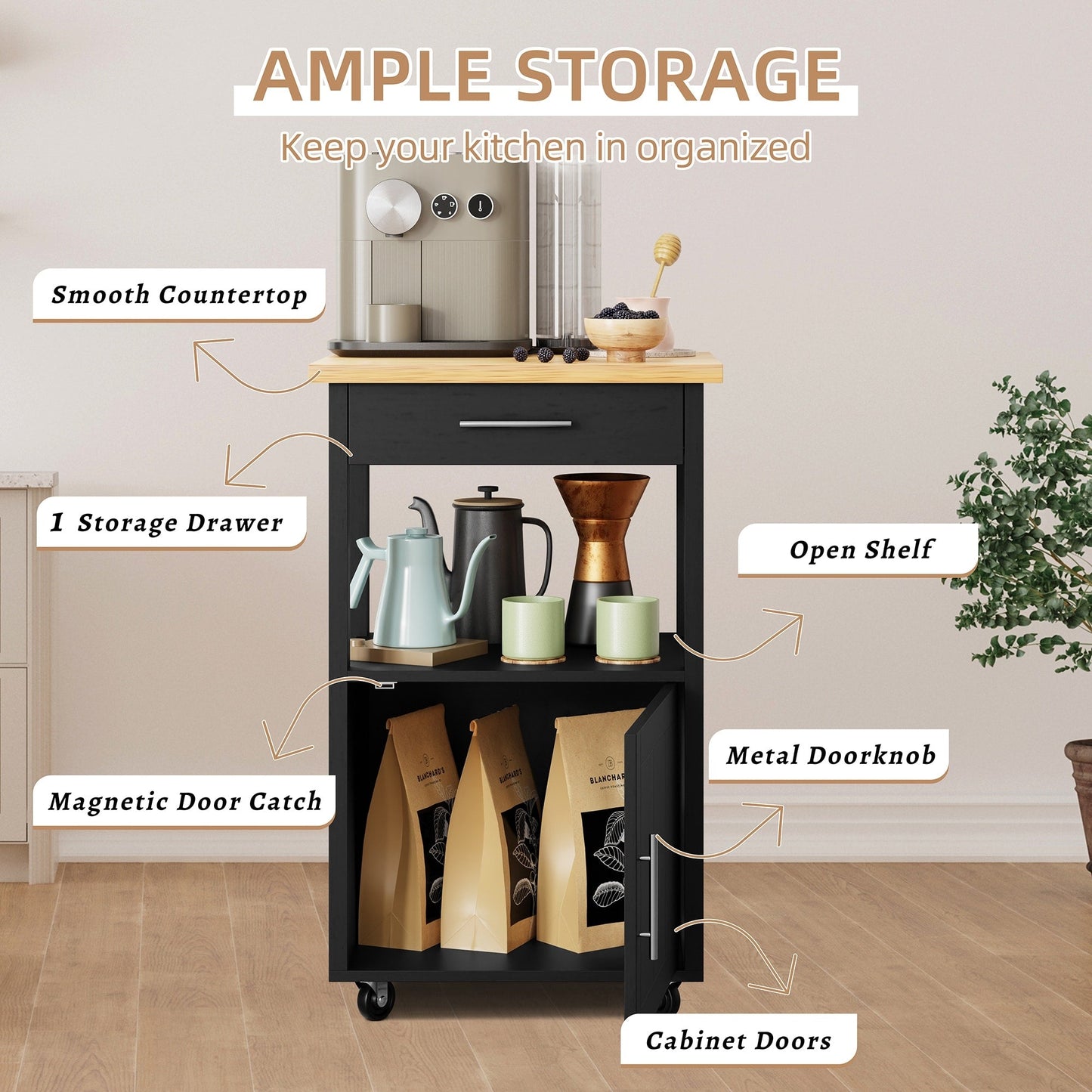 Futzca Kitchen Island Cart with Storage,Rolling Kitchen Island Side Table on Wheels with Worktop, White - N/A