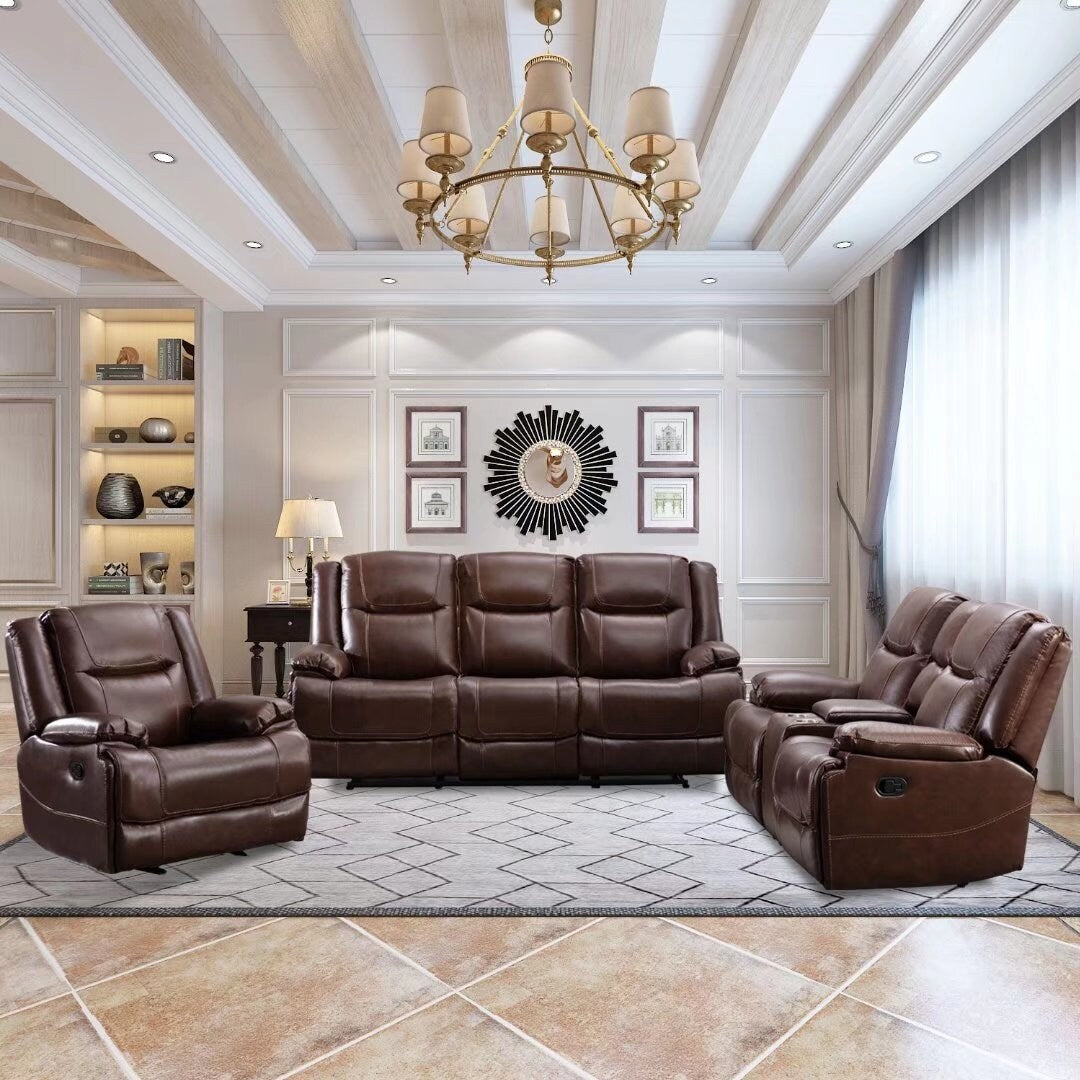 Ensemble de canapés inclinables manuels en cuir véritable de style moderne du milieu du siècle