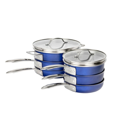Batterie de cuisine antiadhésive Stackmaster Granitestone Blue 15 pièces avec couvercles en verre