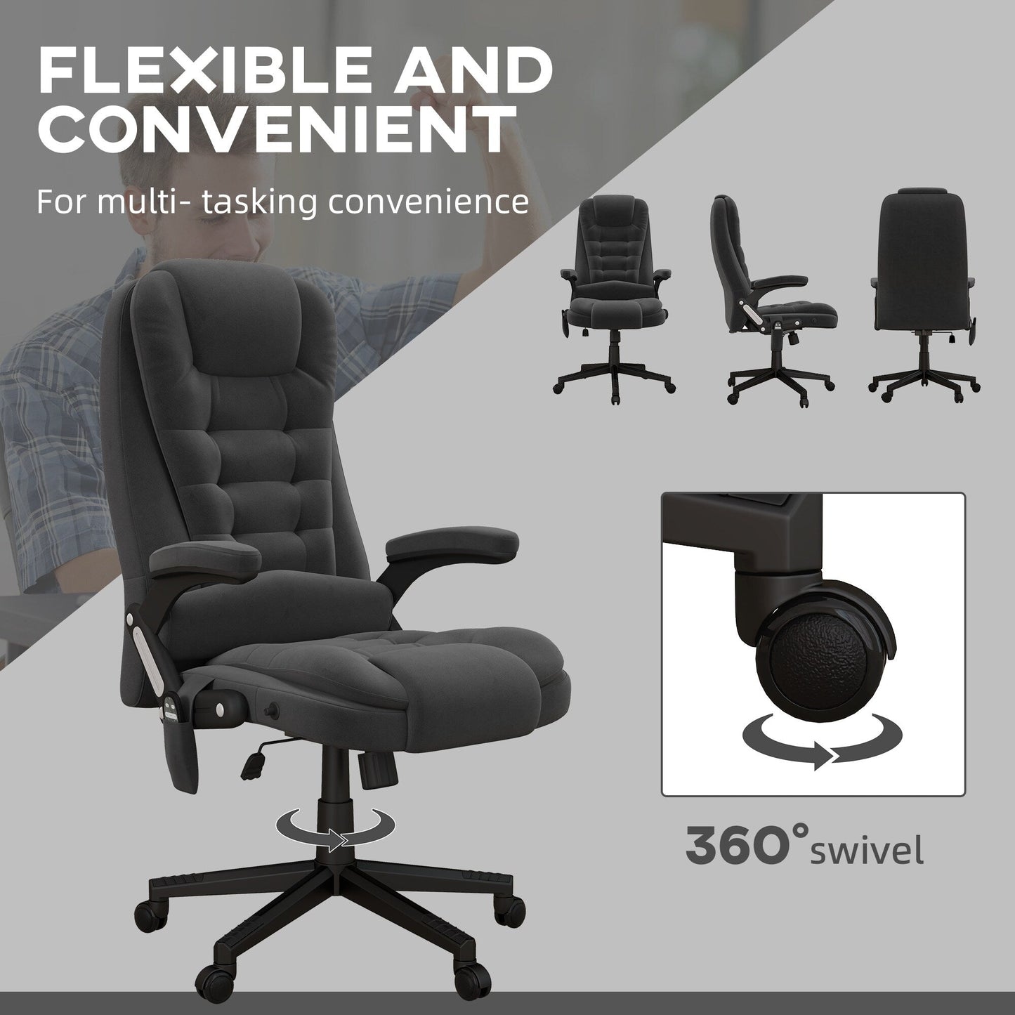 Fauteuil de bureau HOMCOM à massage vibrant 6 points avec chaleur, fauteuil de bureau exécutif à dossier haut en velours avec dossier inclinable