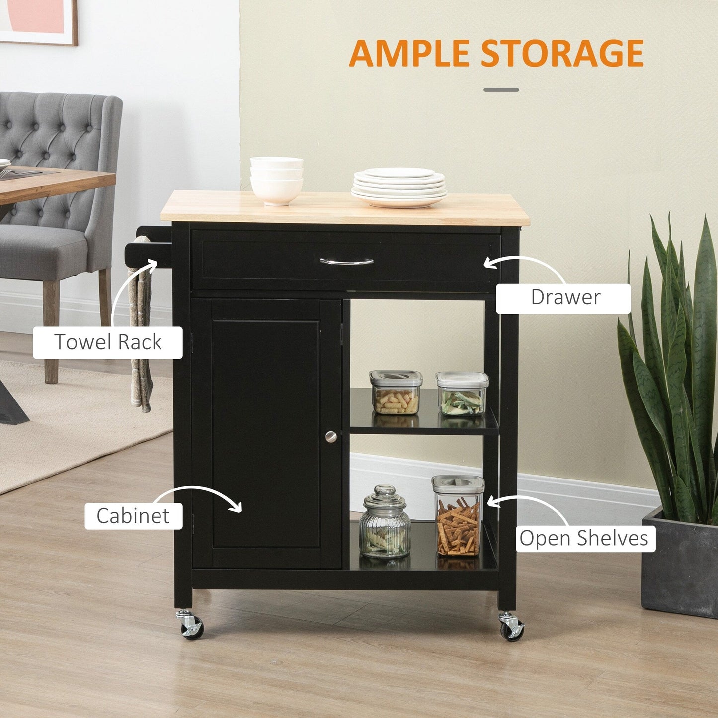 Desserte de cuisine HOMCOM, plateau en bois, sur roulettes, avec étagère ouverte et tiroir de rangement, pour salle à manger et cuisine