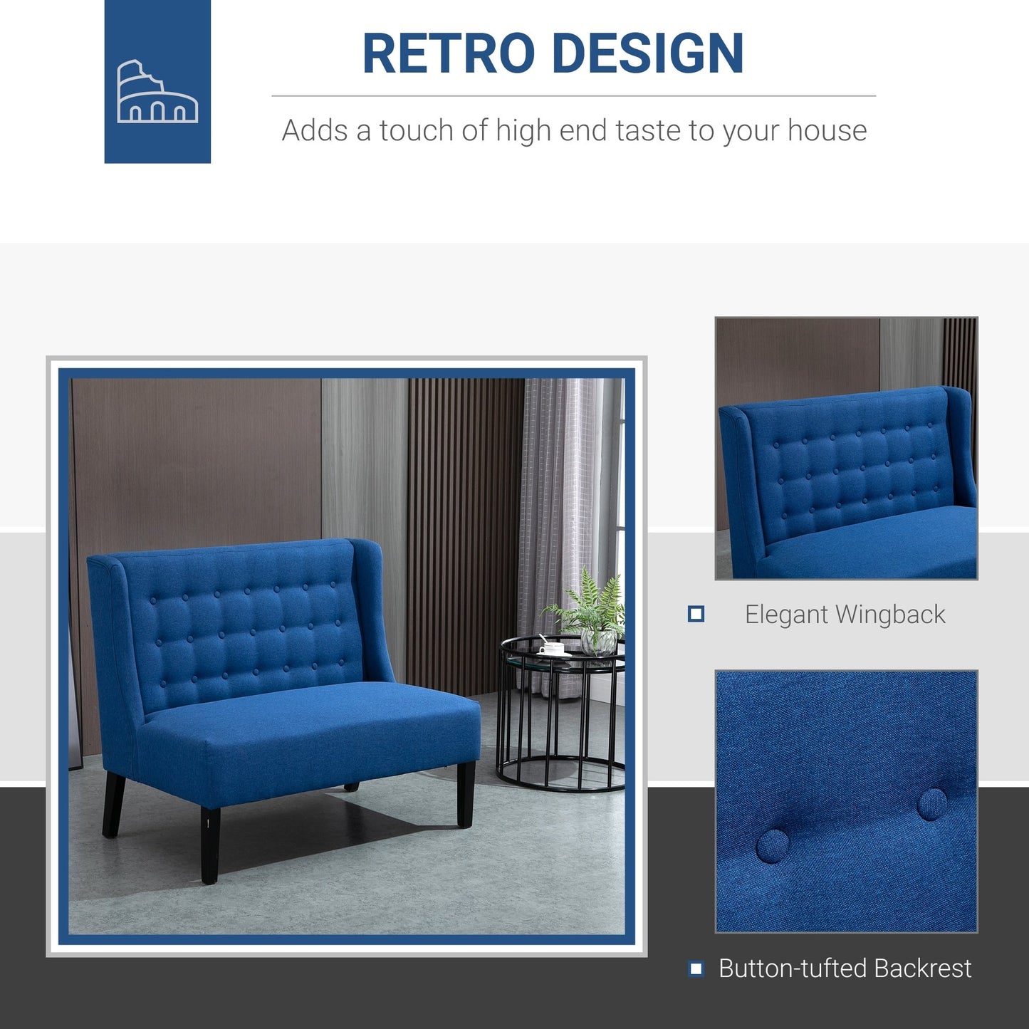 Canapé double capitonné sans accoudoirs en tissu lin HOMCOM avec pieds en bois - 28,75 x 43,25 x 36,5 cm