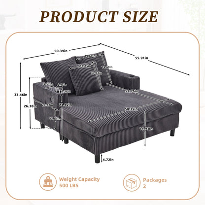 Canapé-lit inclinable surdimensionné HOMEFUN en velours côtelé avec éclairage LED RVB, porte-gobelet, port USB et 3 oreillers