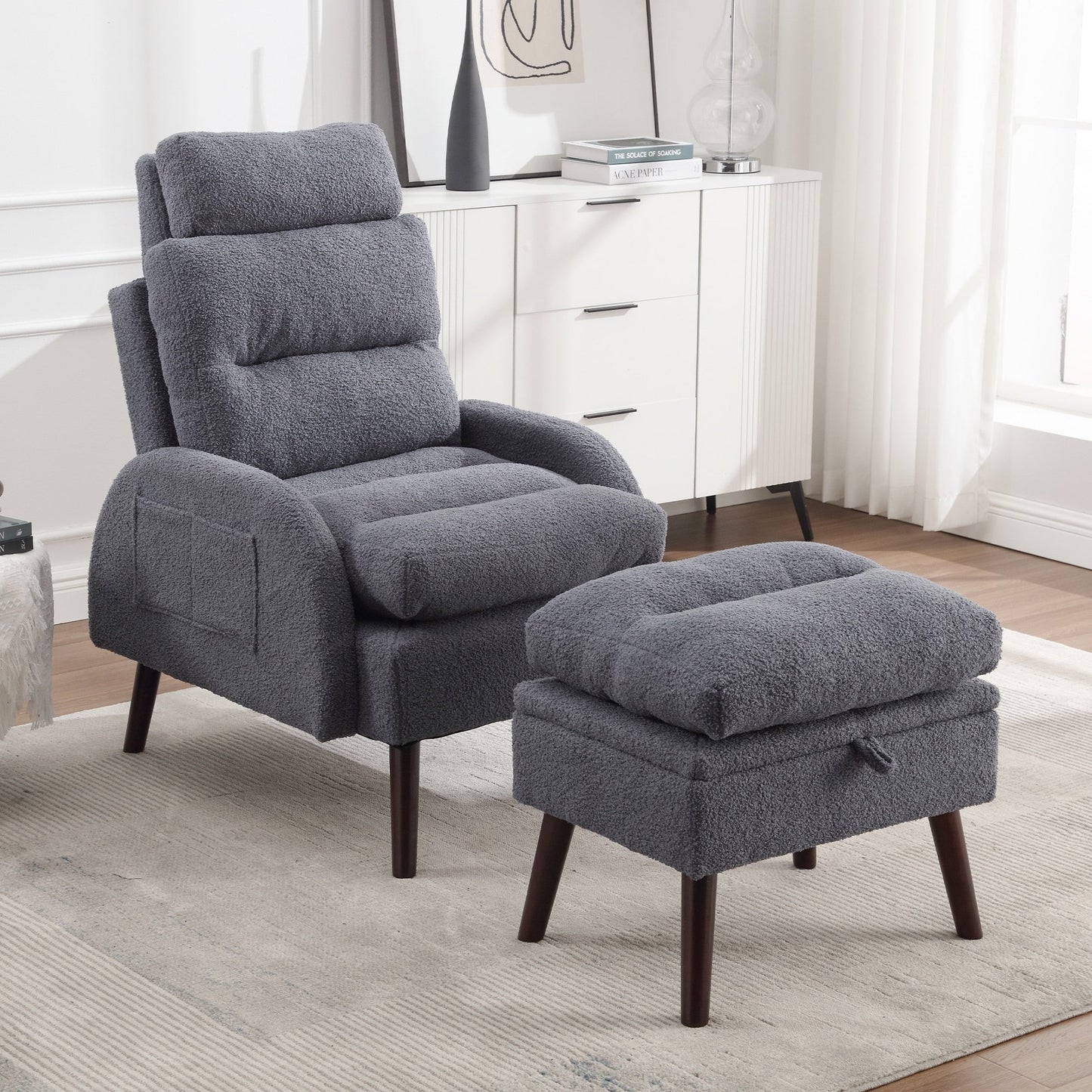 Fauteuil d'appoint HOMYKA avec dossier réglable et pouf de rangement