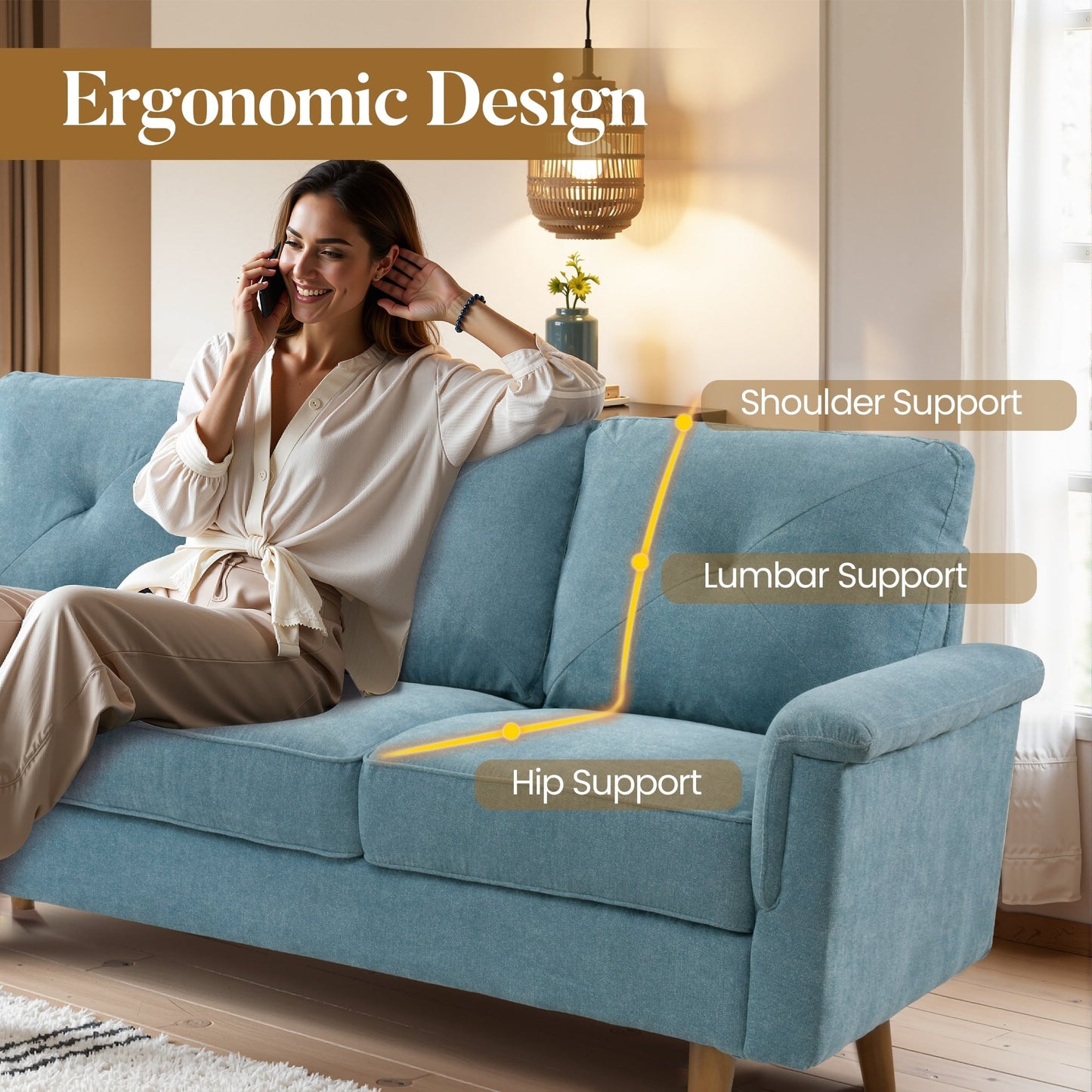 Canapé 3 places rembourré HOOOWOOO Mid-Century avec pieds en bois pour salon