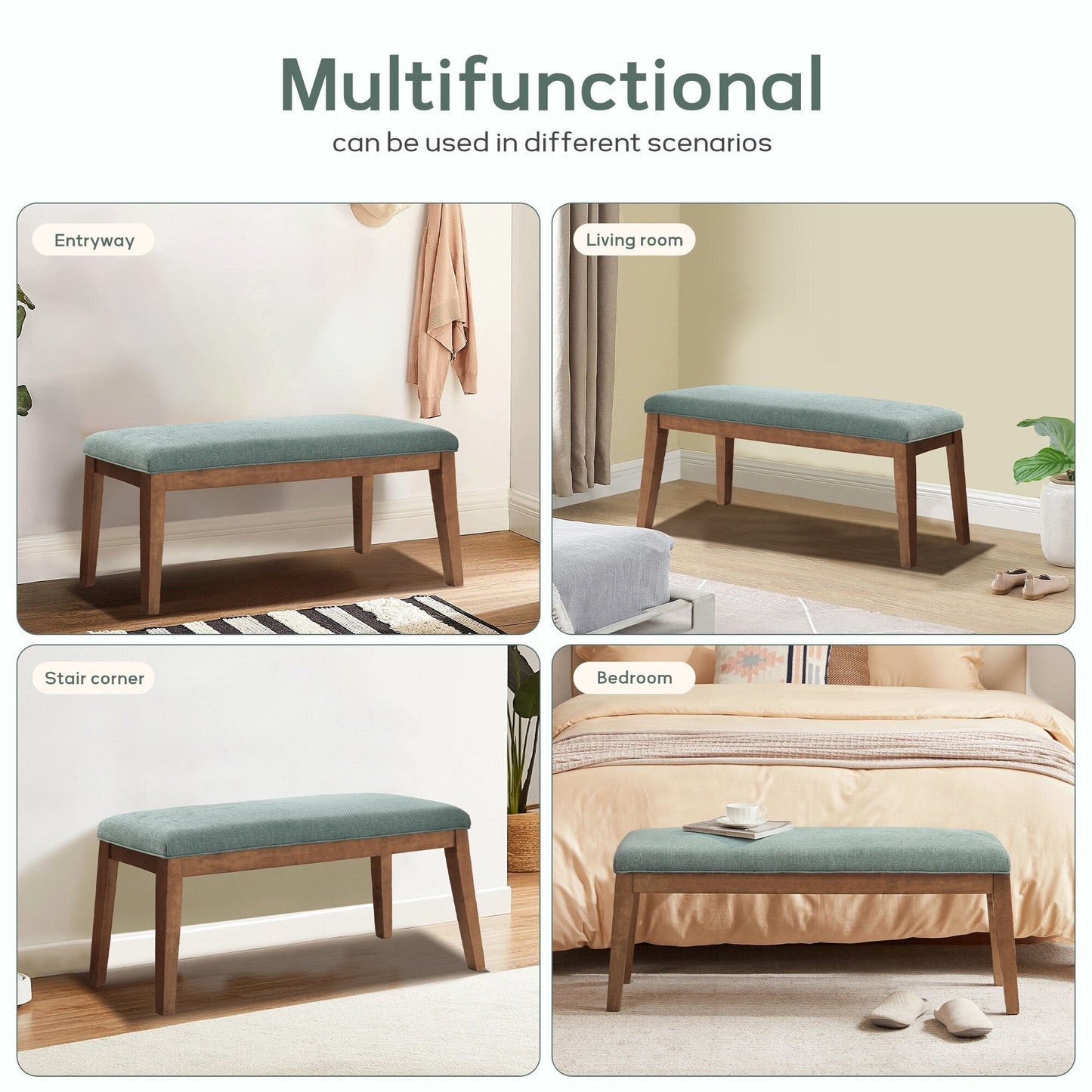 Banc d'entrée rembourré en tissu, banc de chambre pour bout de lit beige, bois massif 44 pouces